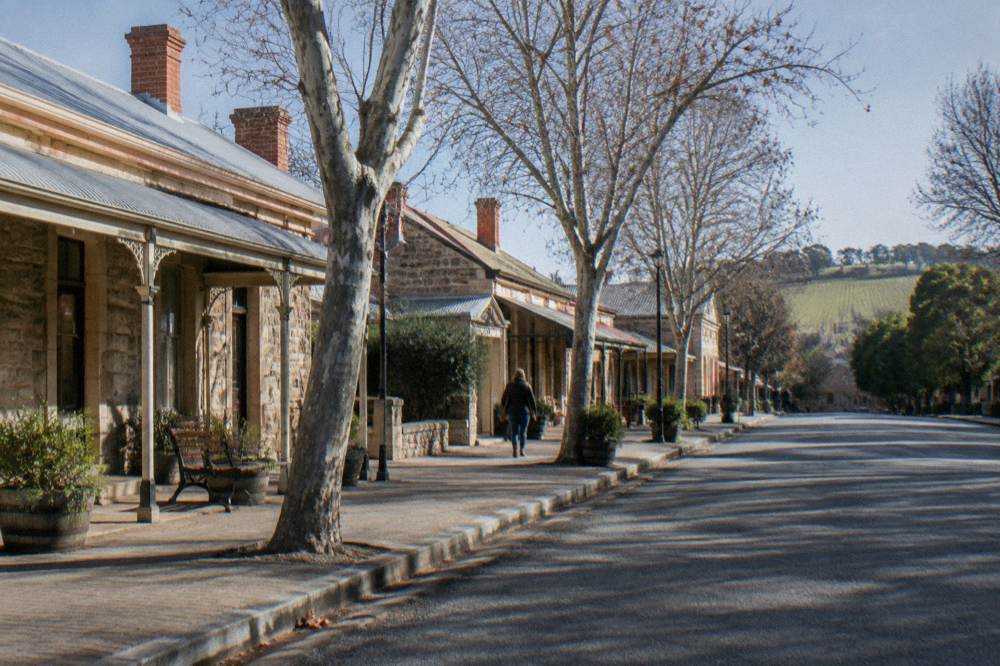 Historic stone shopfronts along Murray Street in Tanunda on a clear day
