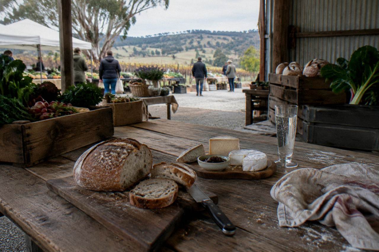 A vineyard lunch table in the Barossa Valley with bread, cheese and a glass of sparkling water beside rows of grapevines.