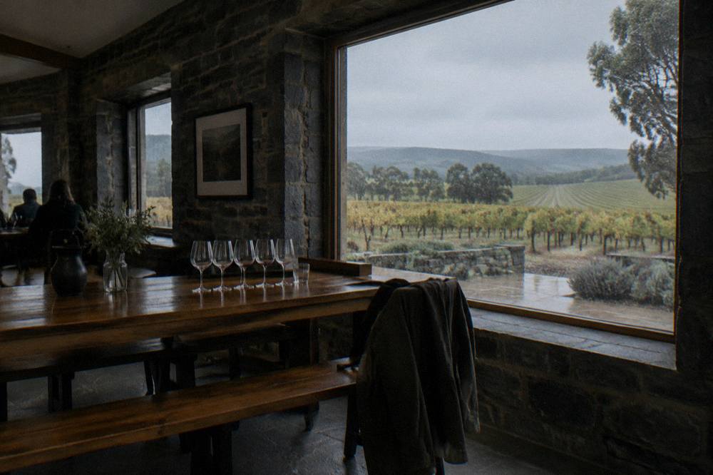 A small group standing at a cellar door tasting bench with wine glasses on the bar