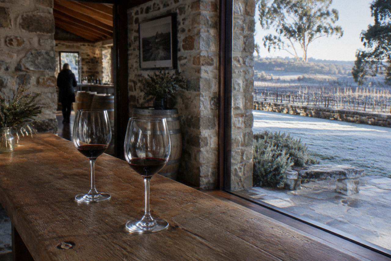 Two wine glasses on a timber cellar door counter overlooking Barossa vineyards