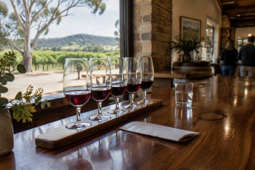 A tasting flight of red wines lined up on a timber cellar door counter