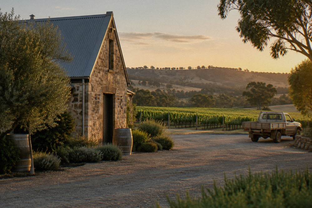 A stone winery building beside a gravel drive with vine rows stretching behind it