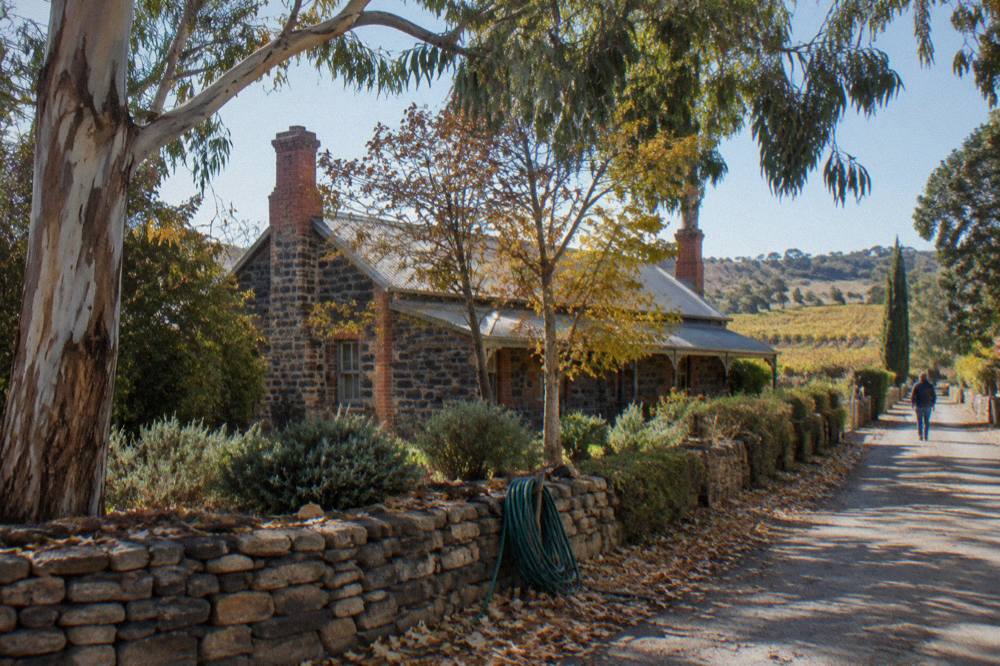 A heritage stone cottage and old gums on a quiet country lane in the Barossa