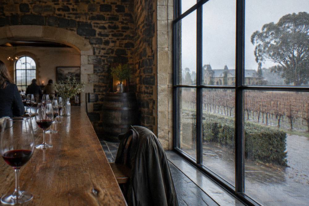 A cellar door tasting room with glasses of red wine arranged along a wooden bar