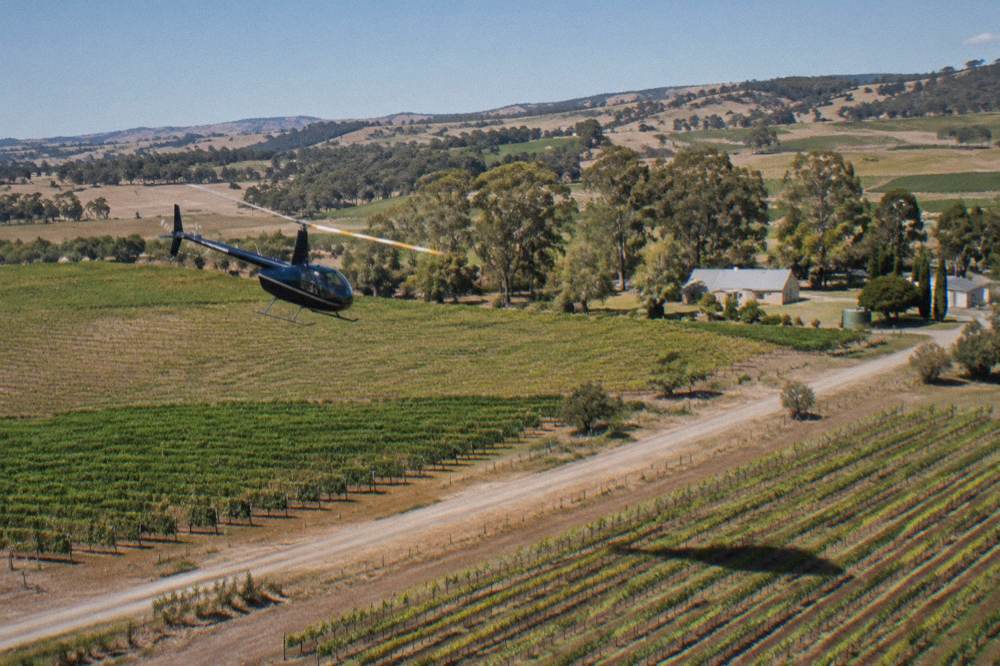 A light aircraft flying over patchwork vineyards and farmland in the Barossa