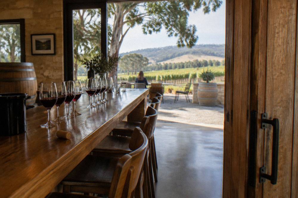 Cellar door tasting room with glasses of red wine lined on a timber bar