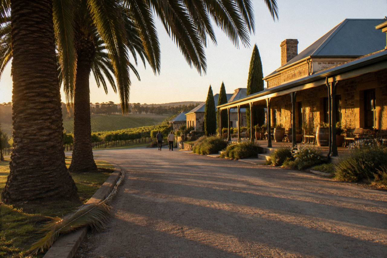Stone winery buildings and palm-lined driveway beside Barossa vineyards at golden hour