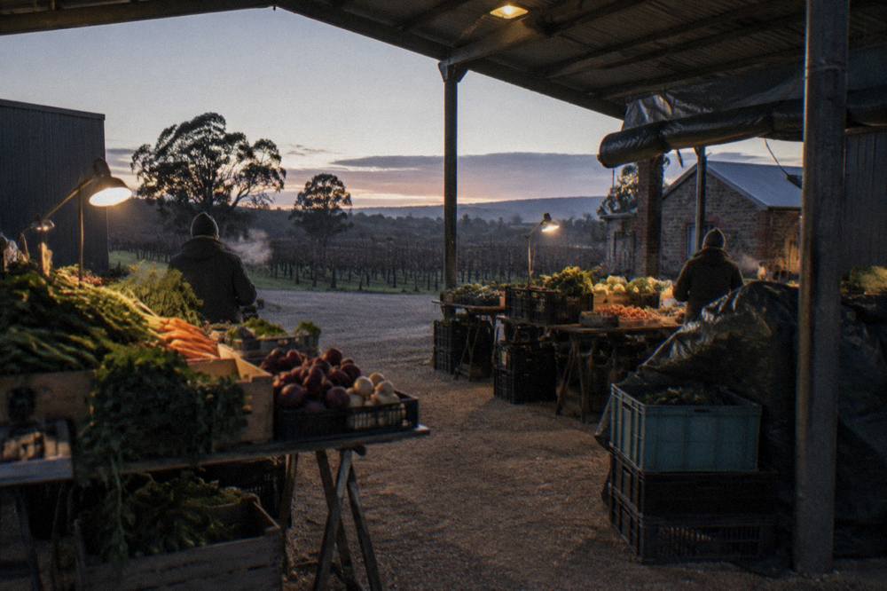Fresh produce stalls under a covered market shed in a country town