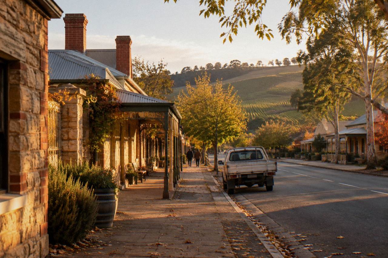 Stone buildings and vineyards along a quiet main street in the Barossa Valley