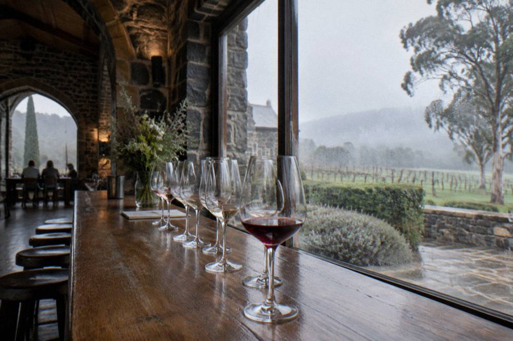A long wooden tasting bar with wine glasses arranged in a row