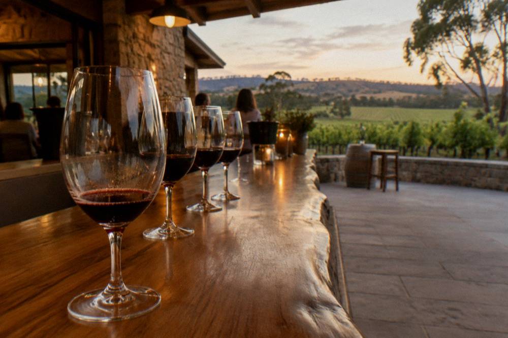 Cellar door tasting counter with glasses of red wine lined up on a timber bar