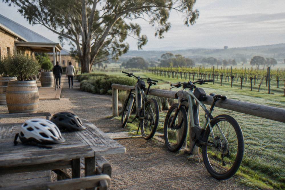 A small group of cyclists with electric bikes resting at a winery courtyard table