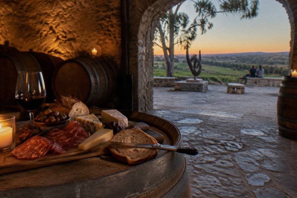 A wooden platter of cured meats, cheese and bread resting on a barrel top inside a winery cellar