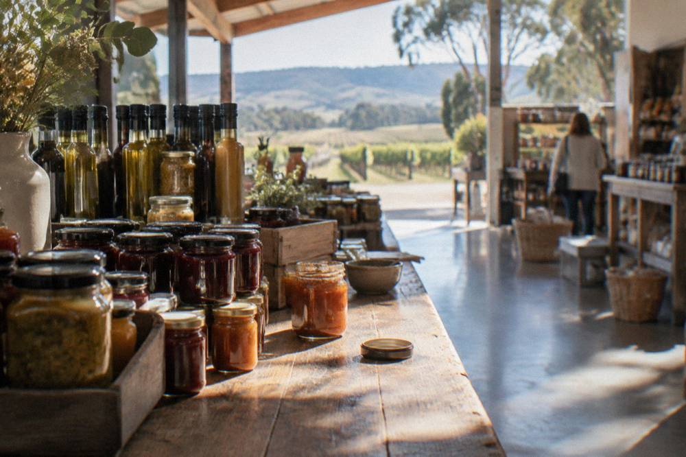 A farm shop counter displaying jars of preserves, condiments and packaged regional produce