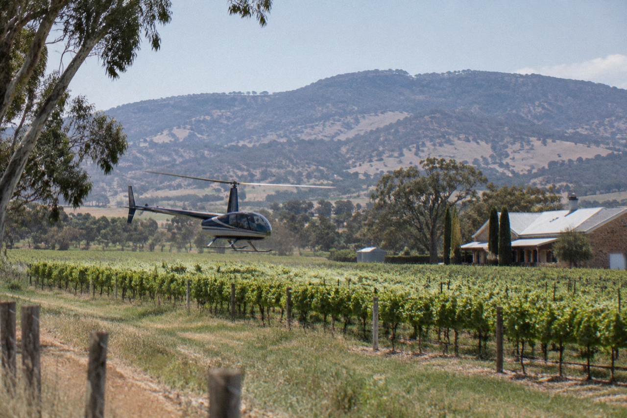 A light helicopter flying low over rows of vineyards on the Barossa Valley floor with hills behind