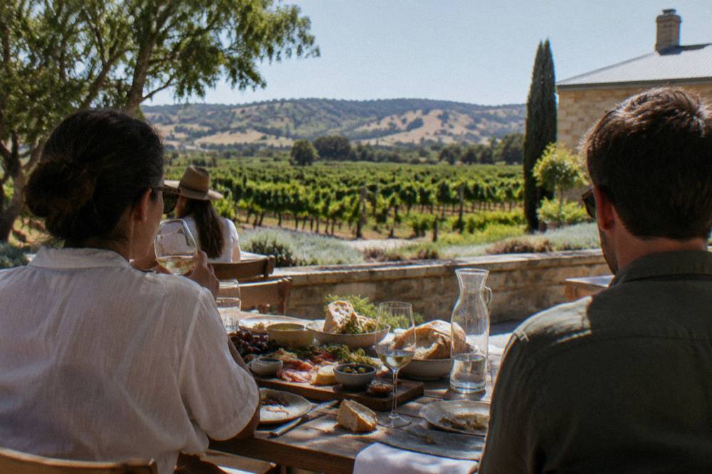 A group of people enjoying a platter lunch at a winery with vineyard views.