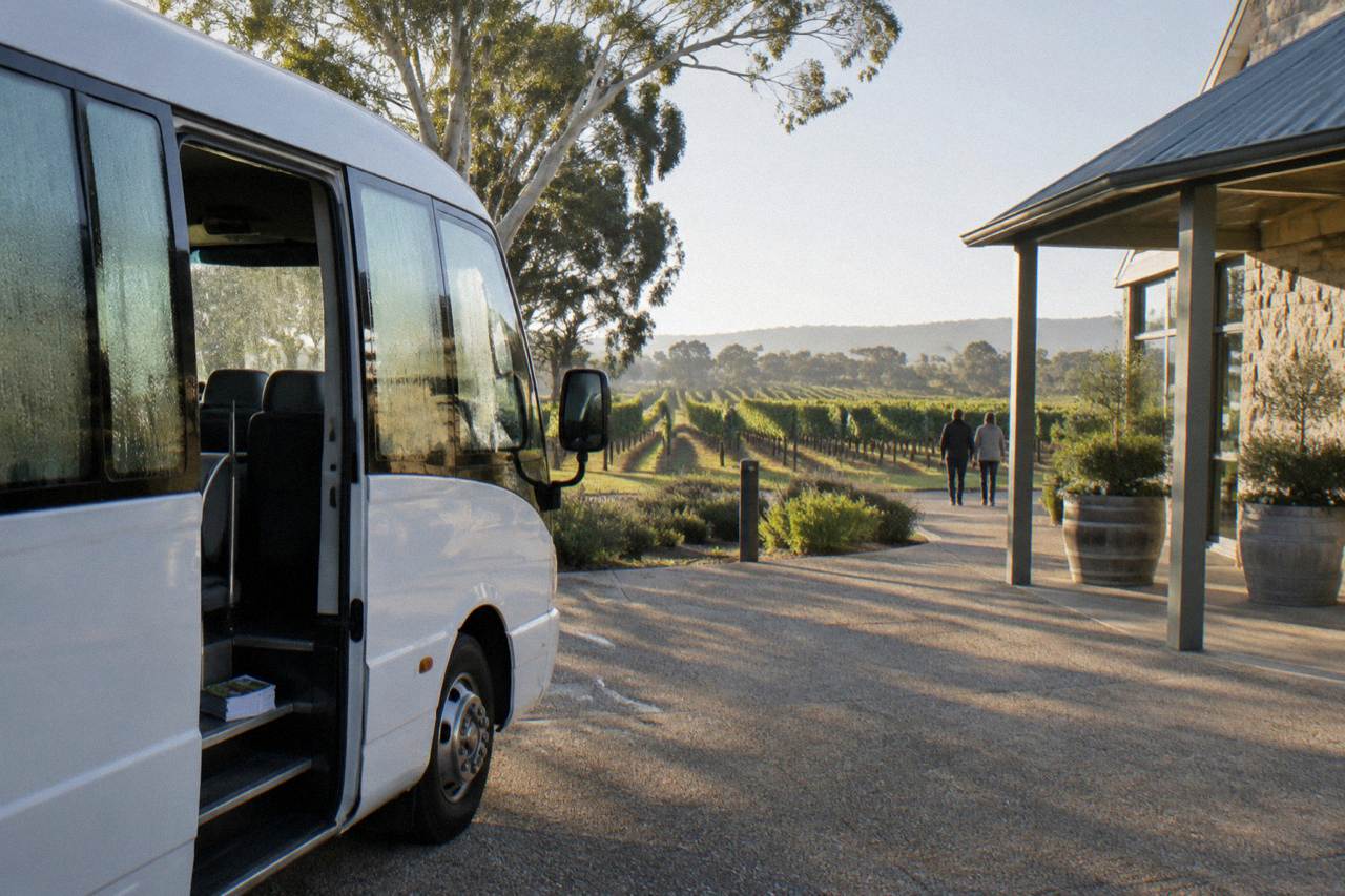 A hop-on hop-off bus parked outside a Barossa Valley winery with vineyard rows stretching behind it.