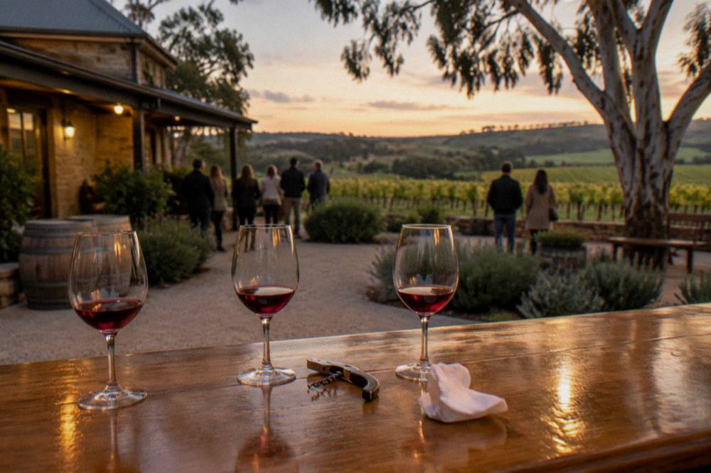 A small group tasting red wine at a timber cellar door counter