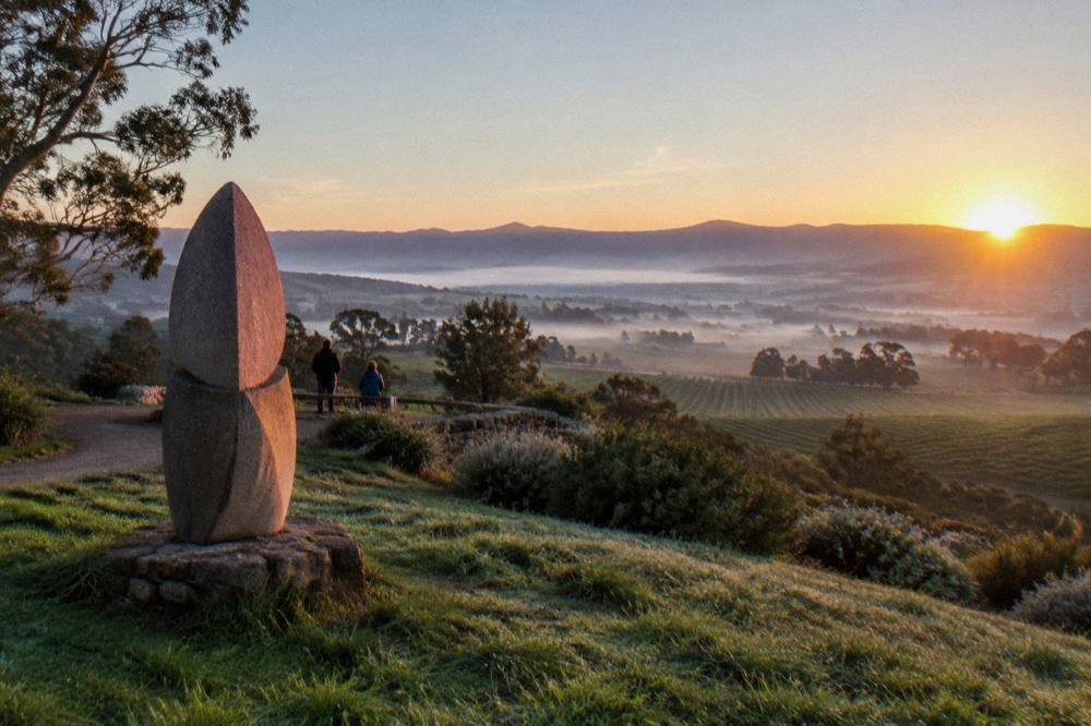 Morning mist clearing off vineyard rows as the sun rises over the Barossa Range