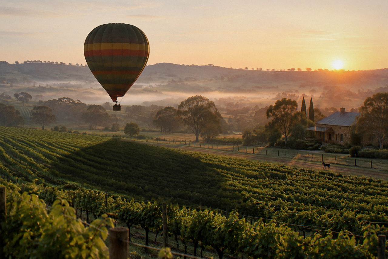 A sunrise hot air balloon drifting low over Barossa Valley vineyards in soft golden light