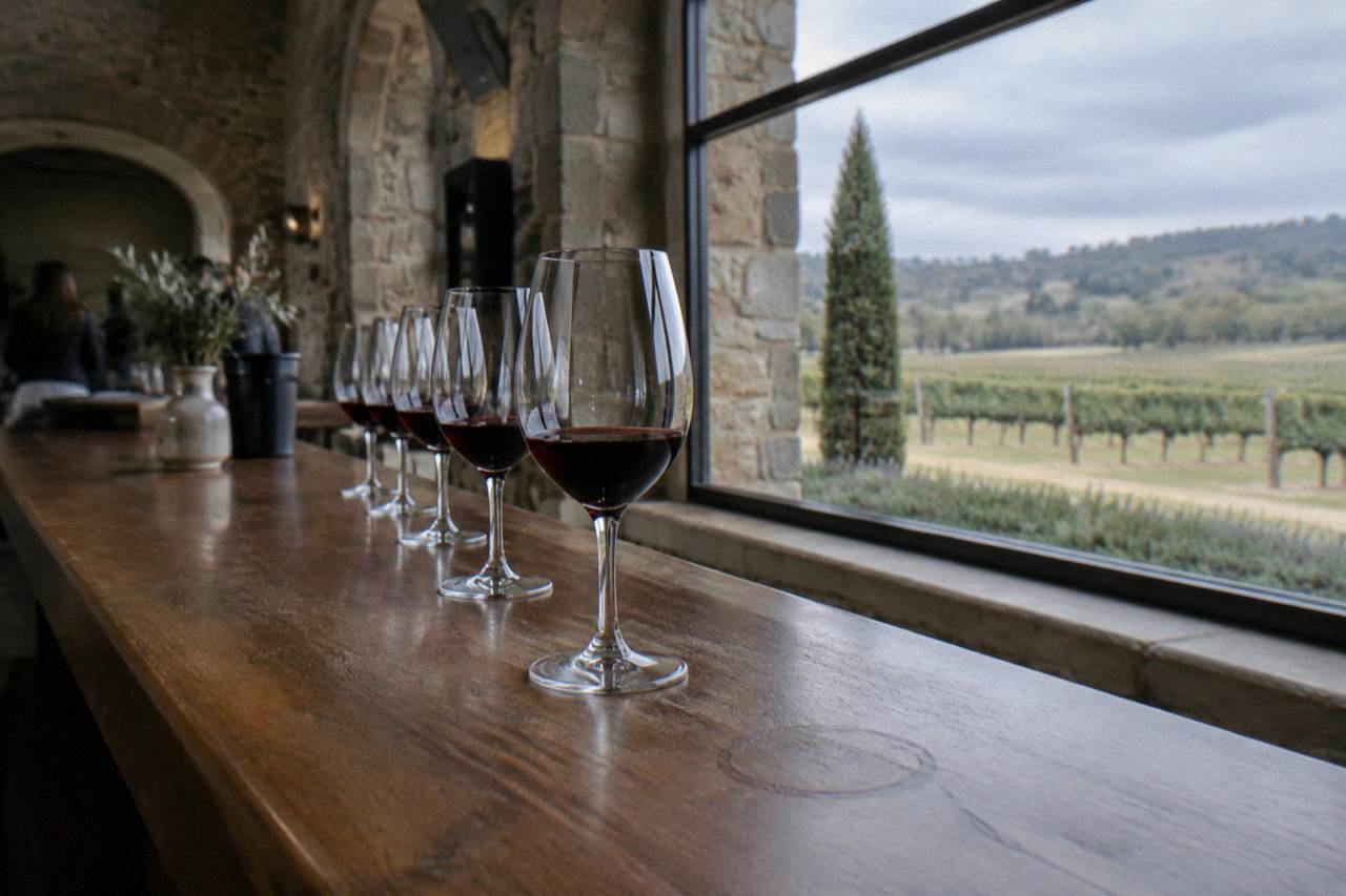 A tasting flight of red wine glasses lined along a timber cellar door counter with vine rows behind