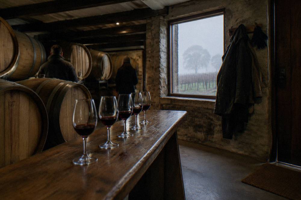 A row of wine glasses on a timber tasting bench in a barrel room