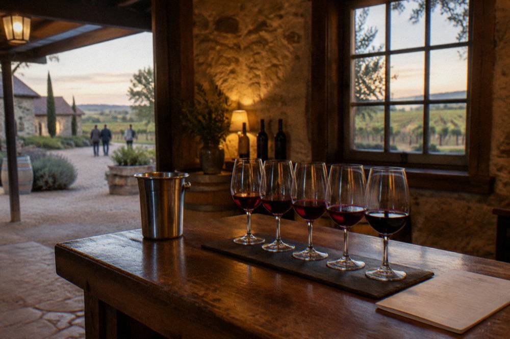 A tasting flight of red wines lined on a timber cellar door bar