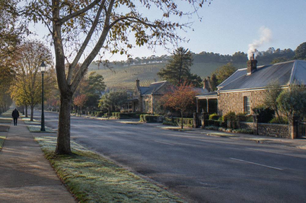 A quiet country main street with stone cottages and leafy plane trees in a Barossa town