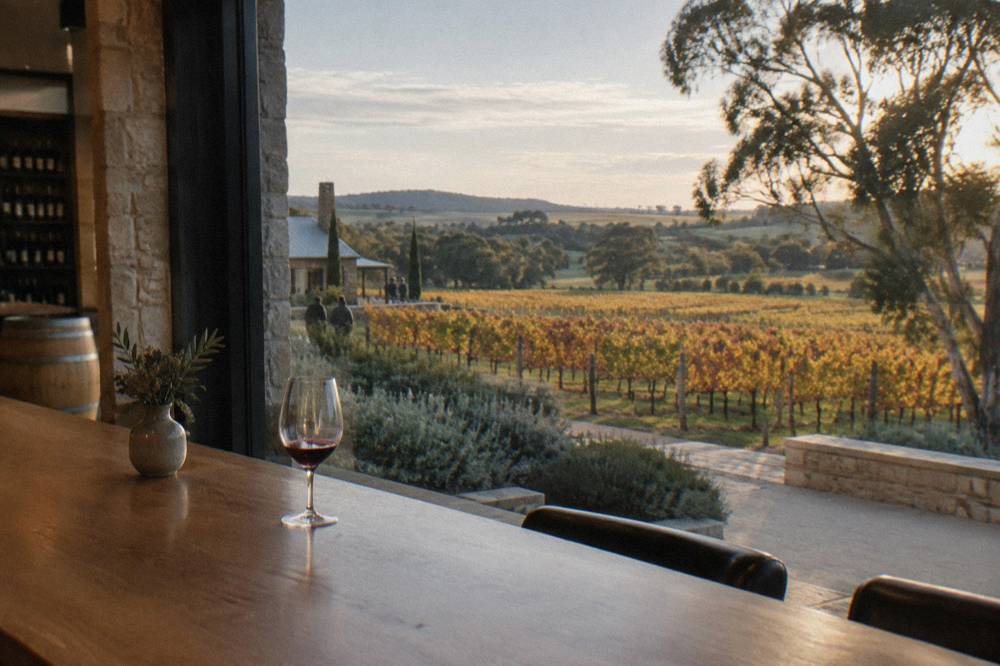 A cellar door tasting room looking out over vineyards in soft afternoon light