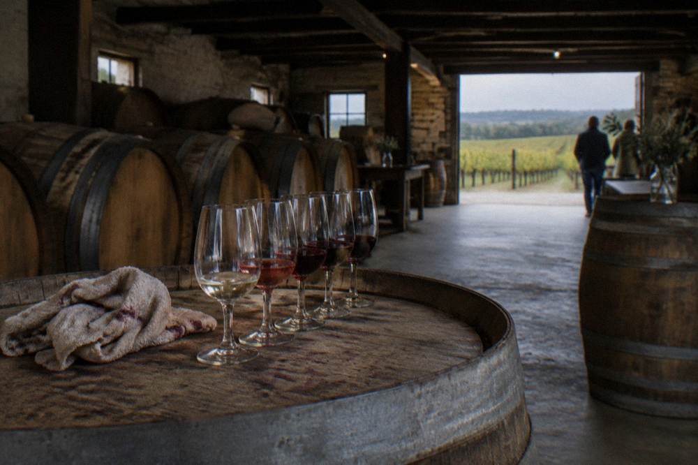 A small group of wine glasses lined up on a barrel top inside a winery barrel room