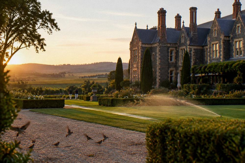 Stone winery buildings and palm-lined driveway at a historic Barossa estate