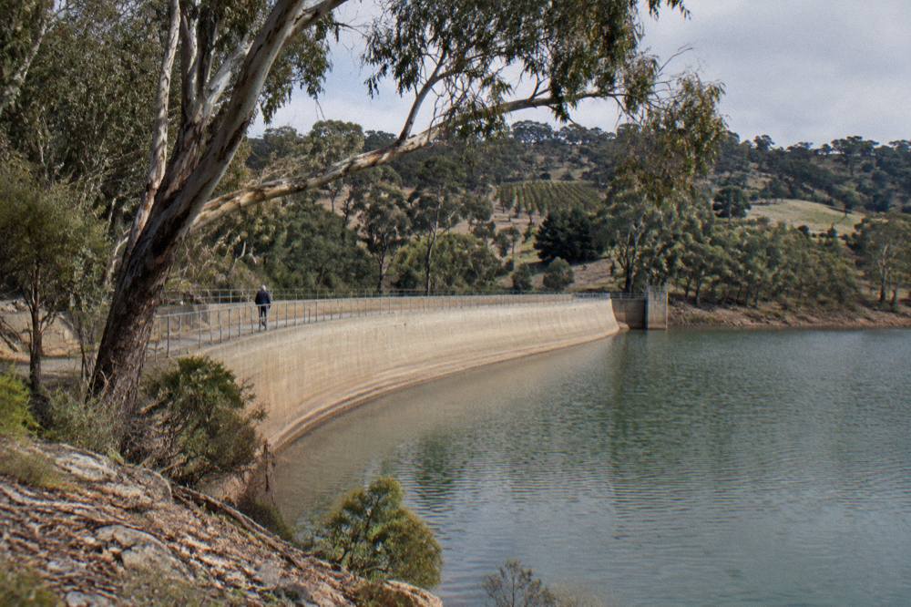 Curved concrete retaining wall of the Barossa Reservoir beside still water and eucalyptus trees