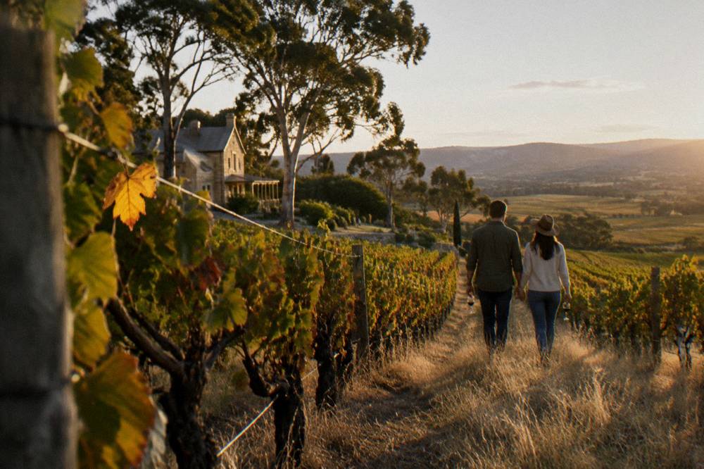A couple walking through a vineyard with a glass of wine, golden afternoon light