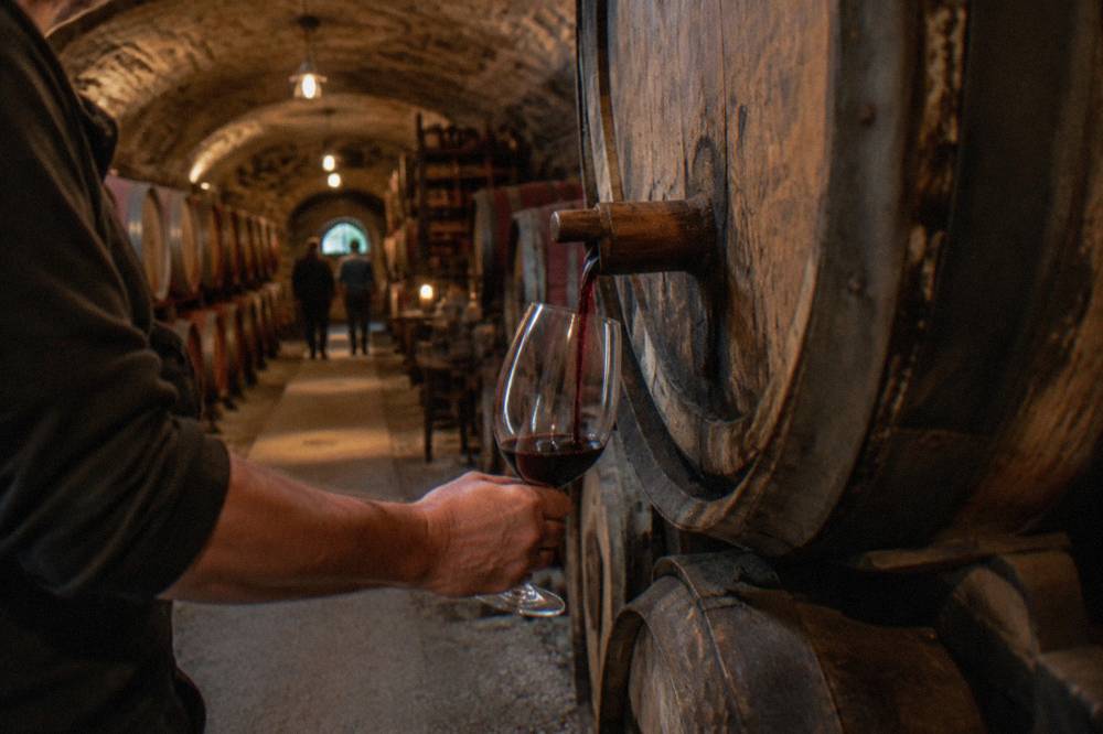 A winemaker pouring red wine at a barrel in a dim cellar