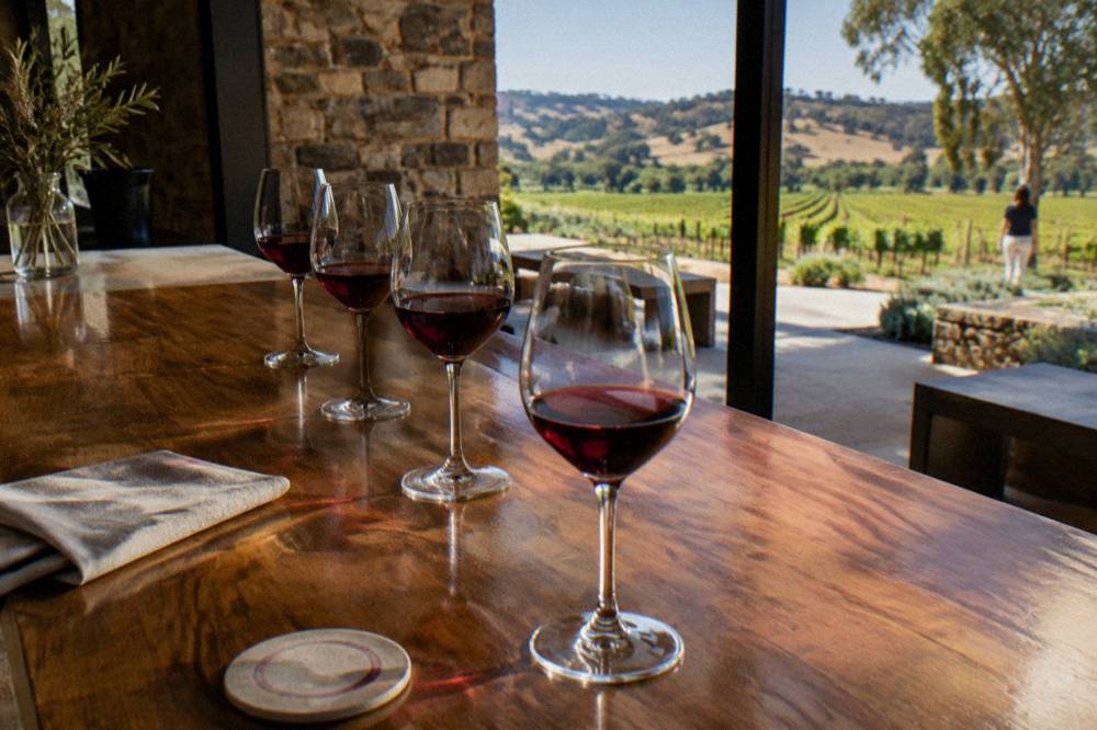 A small group of wine glasses lined on a timber tasting counter inside a cellar door