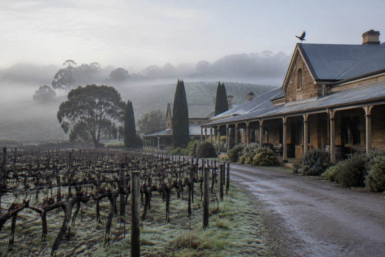 Row of old stone buildings and vineyards on a quiet morning in the Barossa Valley