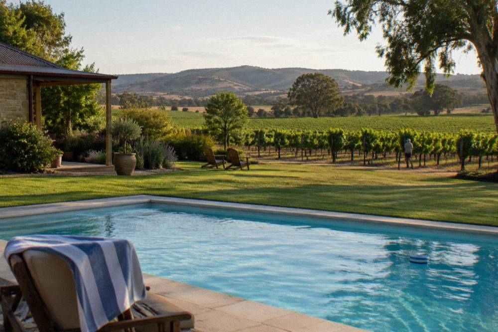 Hotel pool and lawn overlooking rows of grapevines in the late afternoon